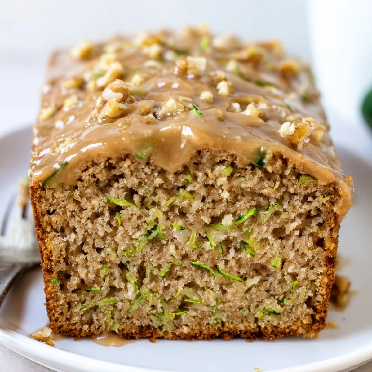 Warm Zucchini Cake With Brown Sugar Icing served on rustic plate, perfect afternoon treat