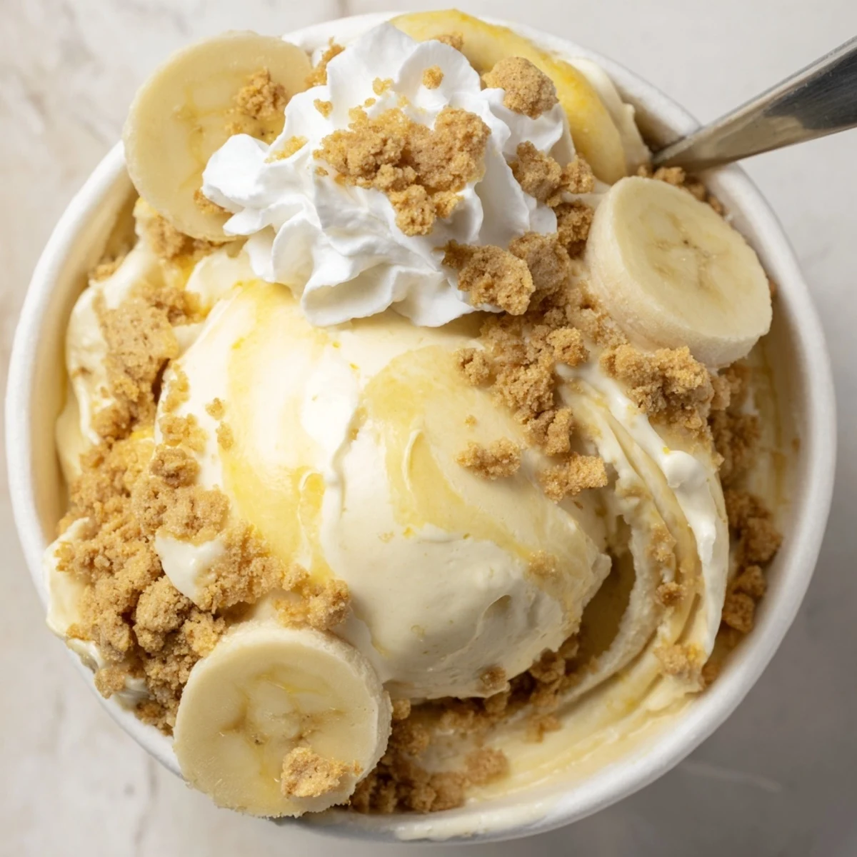 Homemade Ninja Creami Banana Cream Pie Ice Cream churned overnight, dense and velvety