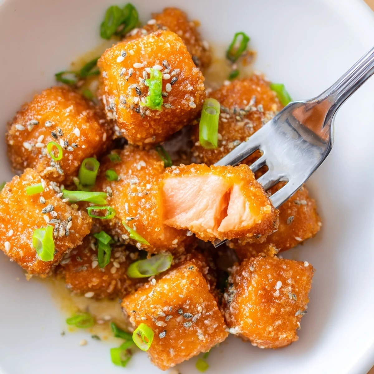 Crispy Bang Bang Salmon Bites glazed in creamy spicy sauce, garnished with scallions