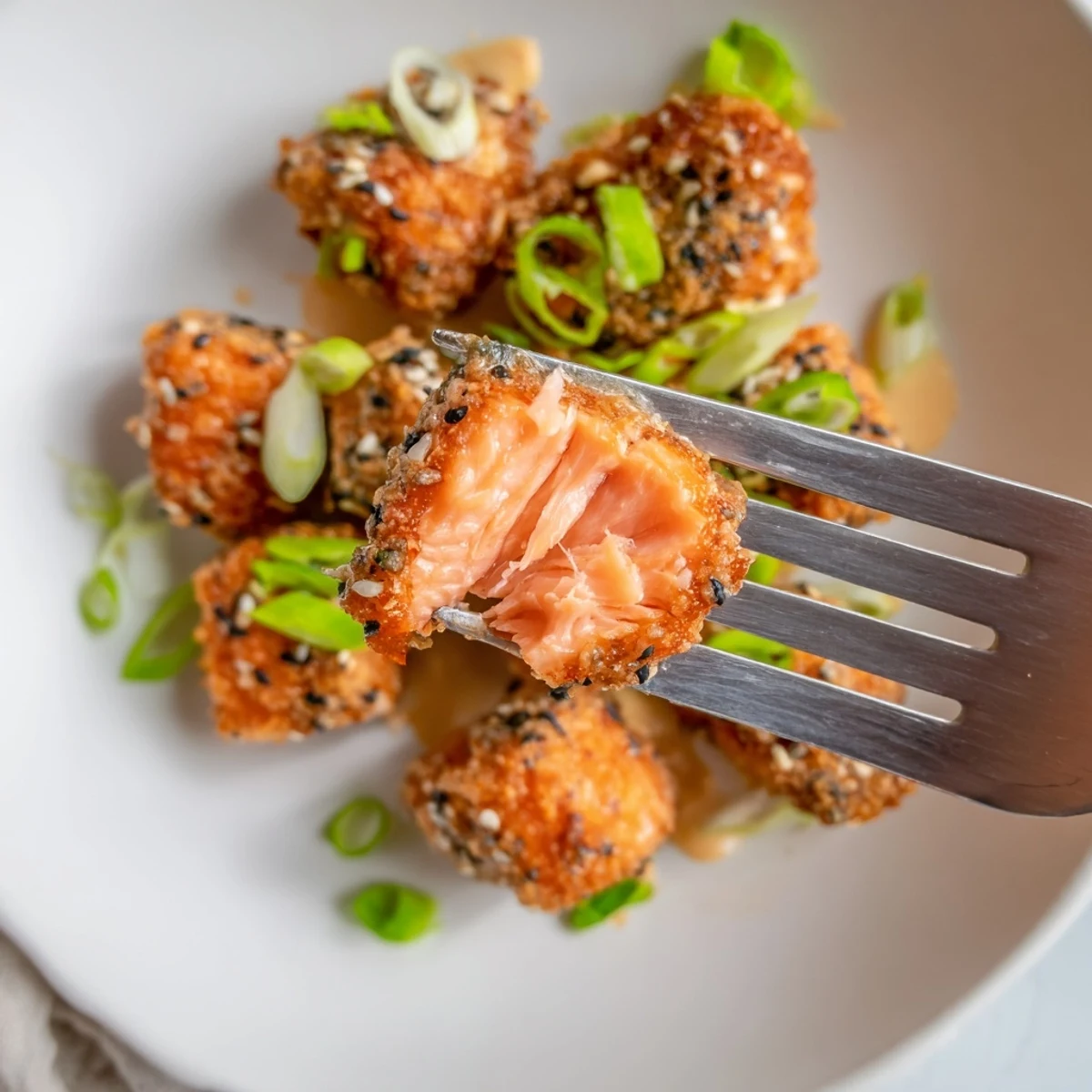 Pan-fried Bang Bang Salmon Bites served over jasmine rice, sesame seeds visible