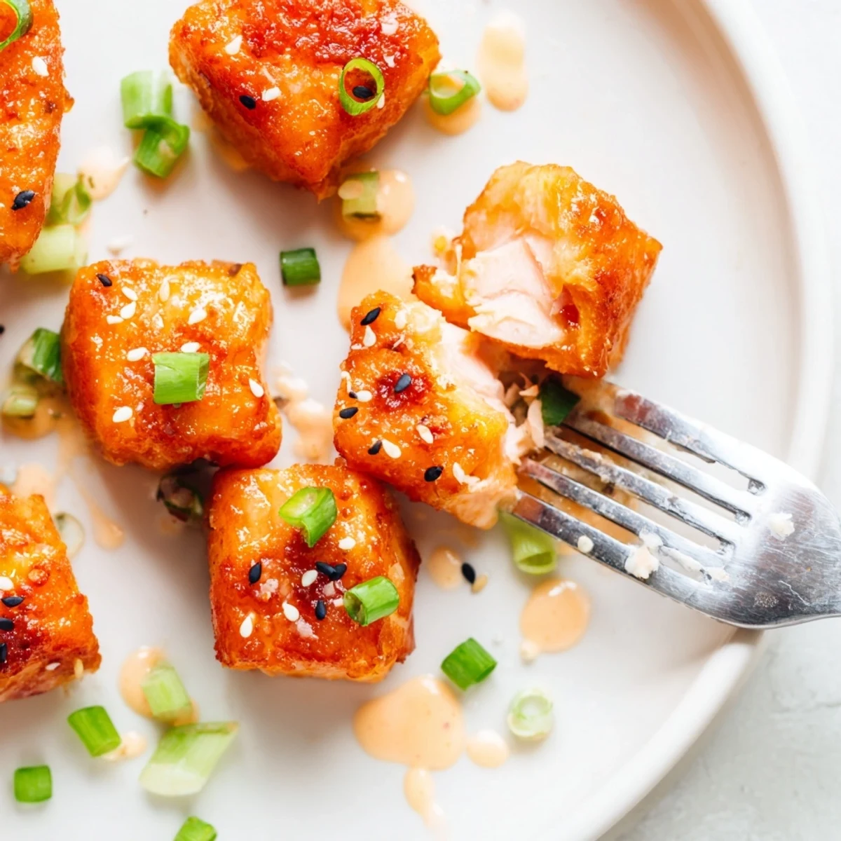 Bite-sized Bang Bang Salmon Bites tossed in honey-sriracha sauce, ready for parties