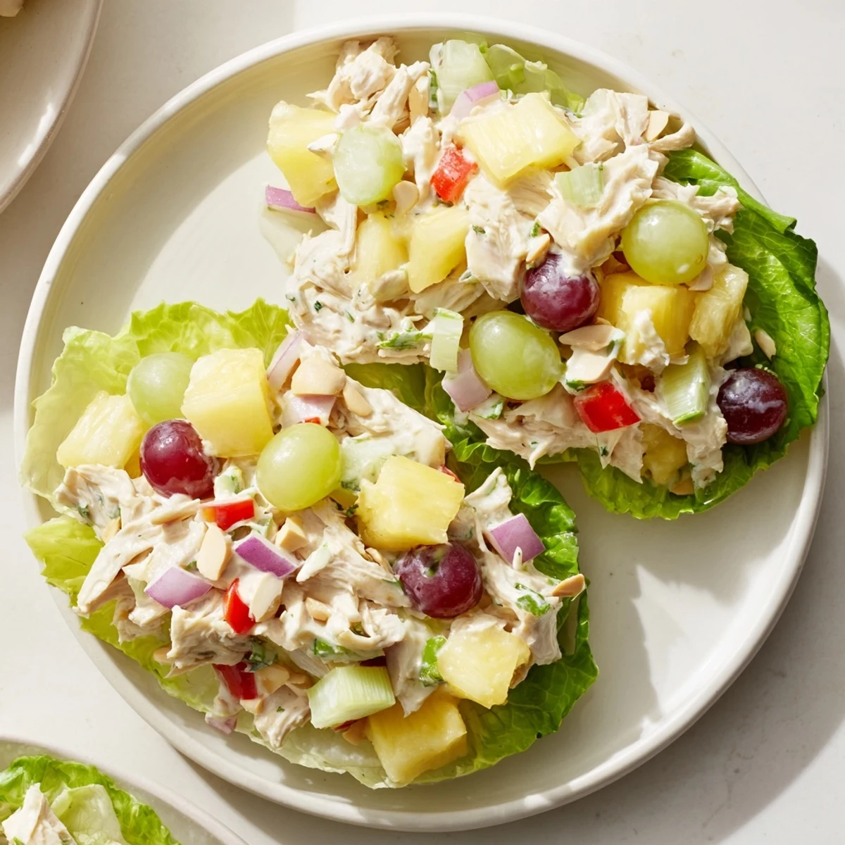 Bright Hawaiian Chicken Salad Recipe served on butter lettuce, crisp celery, macadamia crunch