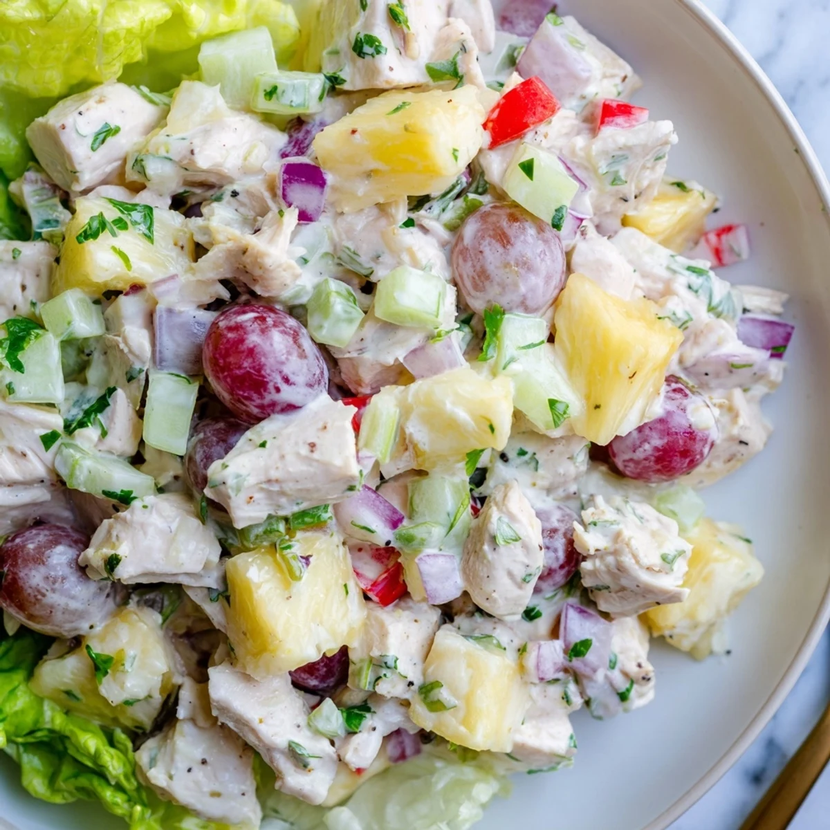 Chilled Hawaiian Chicken Salad Recipe tossed with grapes, red pepper, cilantro garnish
