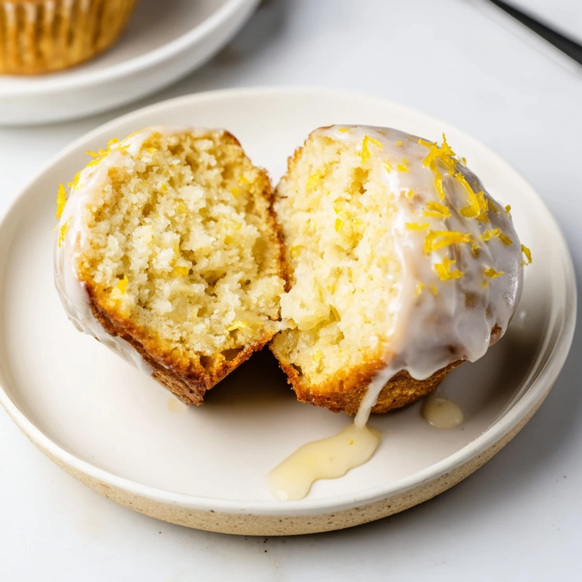 Plate of Glazed Lemon Ginger Muffins with zesty crumbs and steam rising  