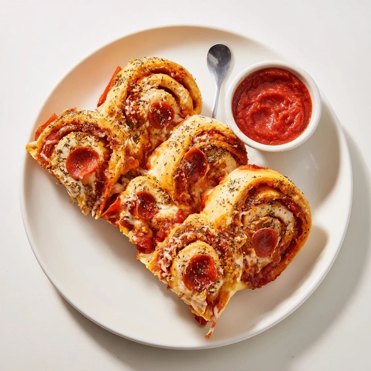 Pepperoni Pizza Roll Breadsticks Recipe showing golden, cheesy swirls ready for dipping.