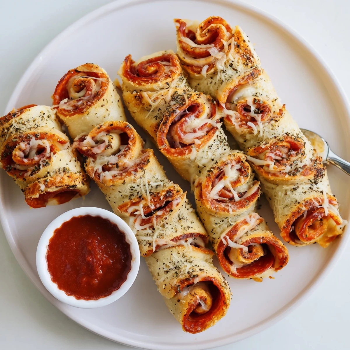 Fresh-baked Pepperoni Pizza Roll Breadsticks Recipe sliced, gooey mozzarella oozing, marinara nearby.