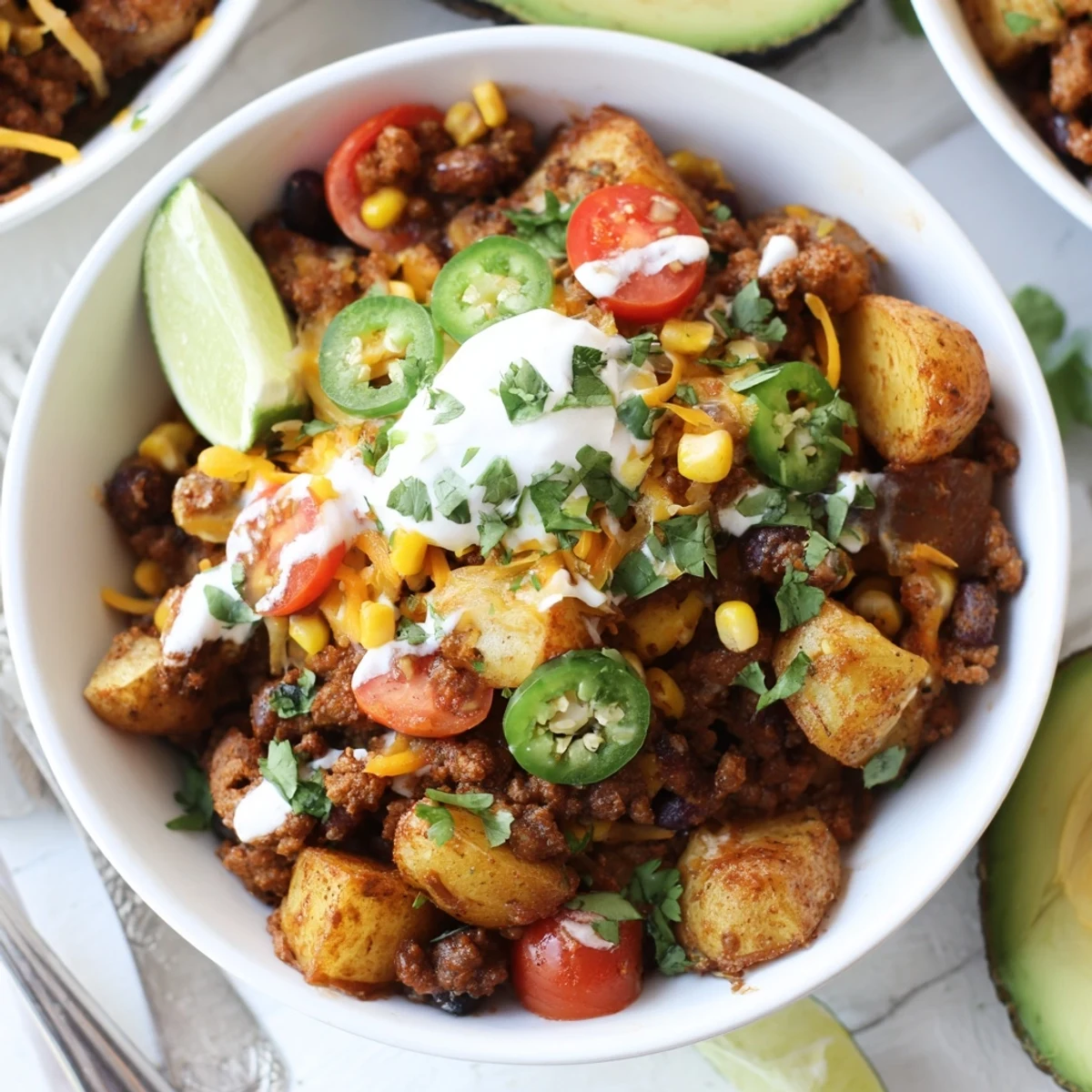 Easy Loaded Potato Taco Bowl featuring smoky roasted potatoes, creamy avocado, and lime