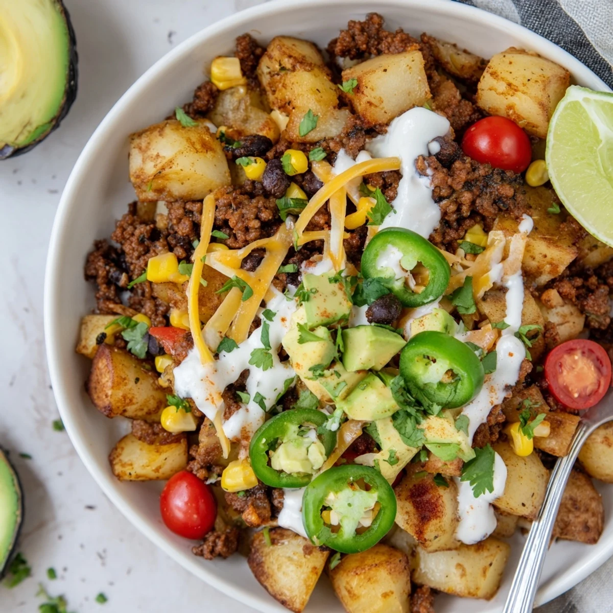 Crispy roasted Loaded Potato Taco Bowl topped with avocado, cheese, and sour cream