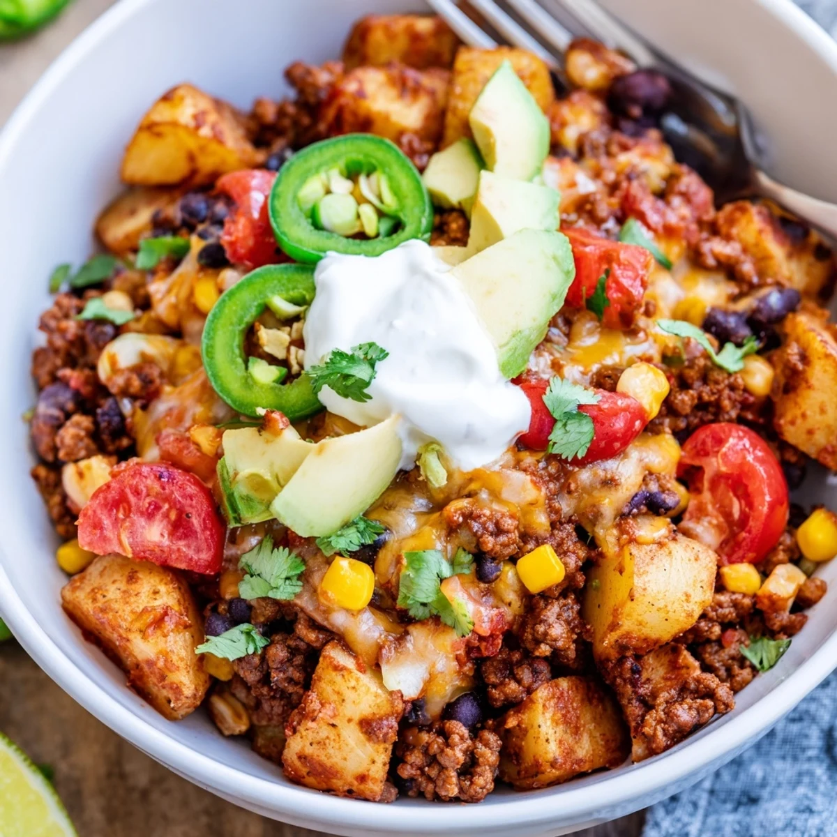 Family style Loaded Potato Taco Bowl served hot with corn, black beans, and jalapeños