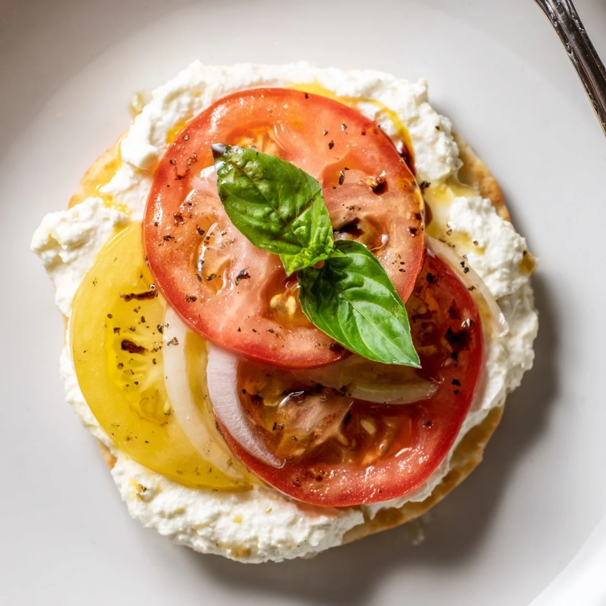 Caprese Pita Pizza With Whipped Garlic Feta warm from oven topped with basil slices
