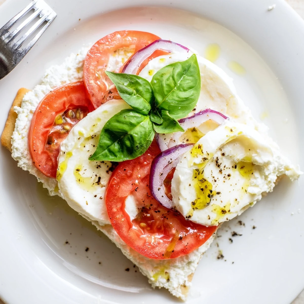 Caprese Pita Pizza With Whipped Garlic Feta spread, crisp edges, lemony feta cream