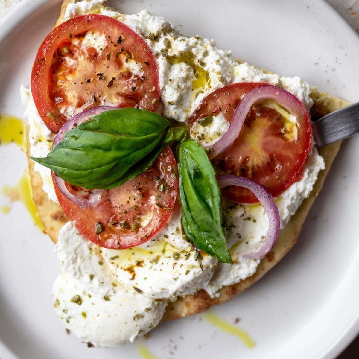 Caprese Pita Pizza With Whipped Garlic Feta, juicy tomato, melted mozzarella, balsamic drizzle