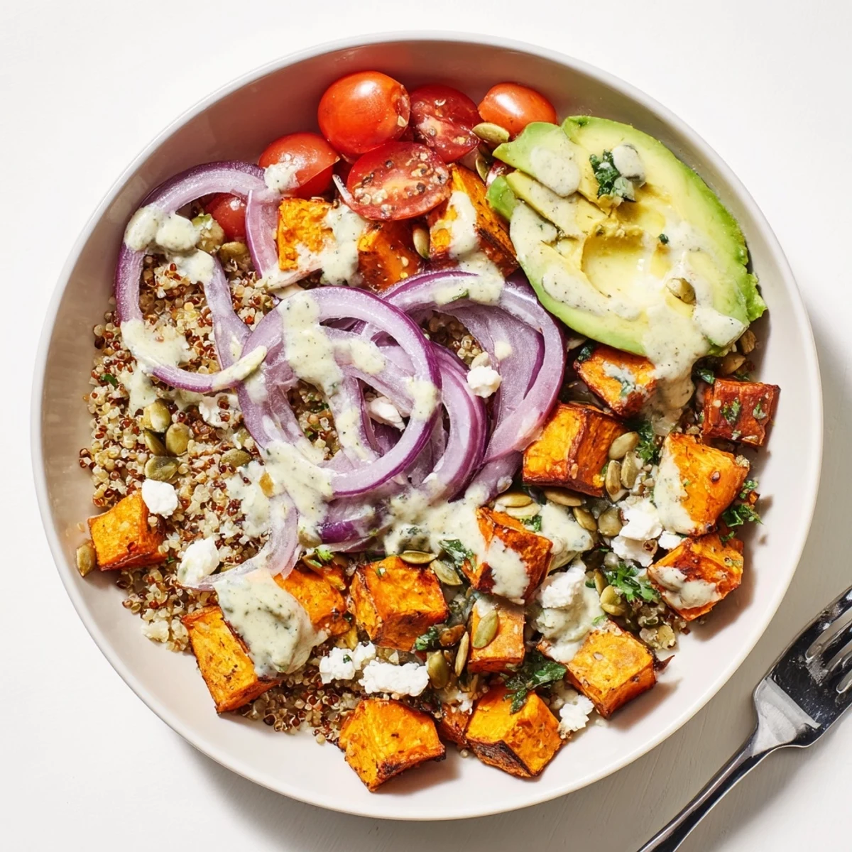 Aromatic lemon-tahini drizzled Roasted Sweet Potato Quinoa Salad Bowl with silky avocado.