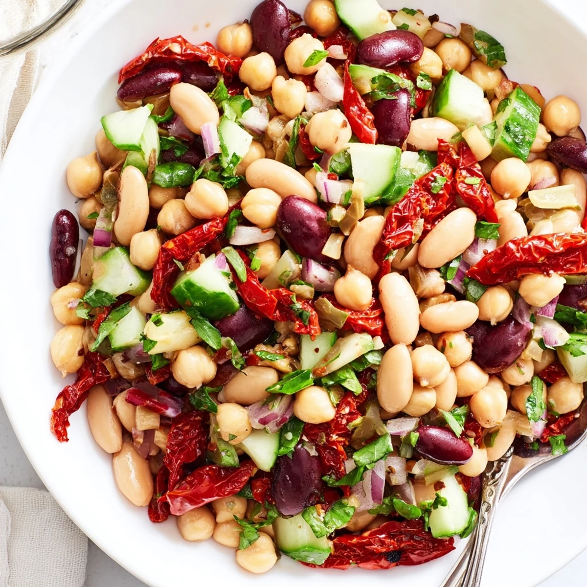 Dense Bean Salad With Sun Dried Tomatoes tossed in zesty red wine vinaigrette  