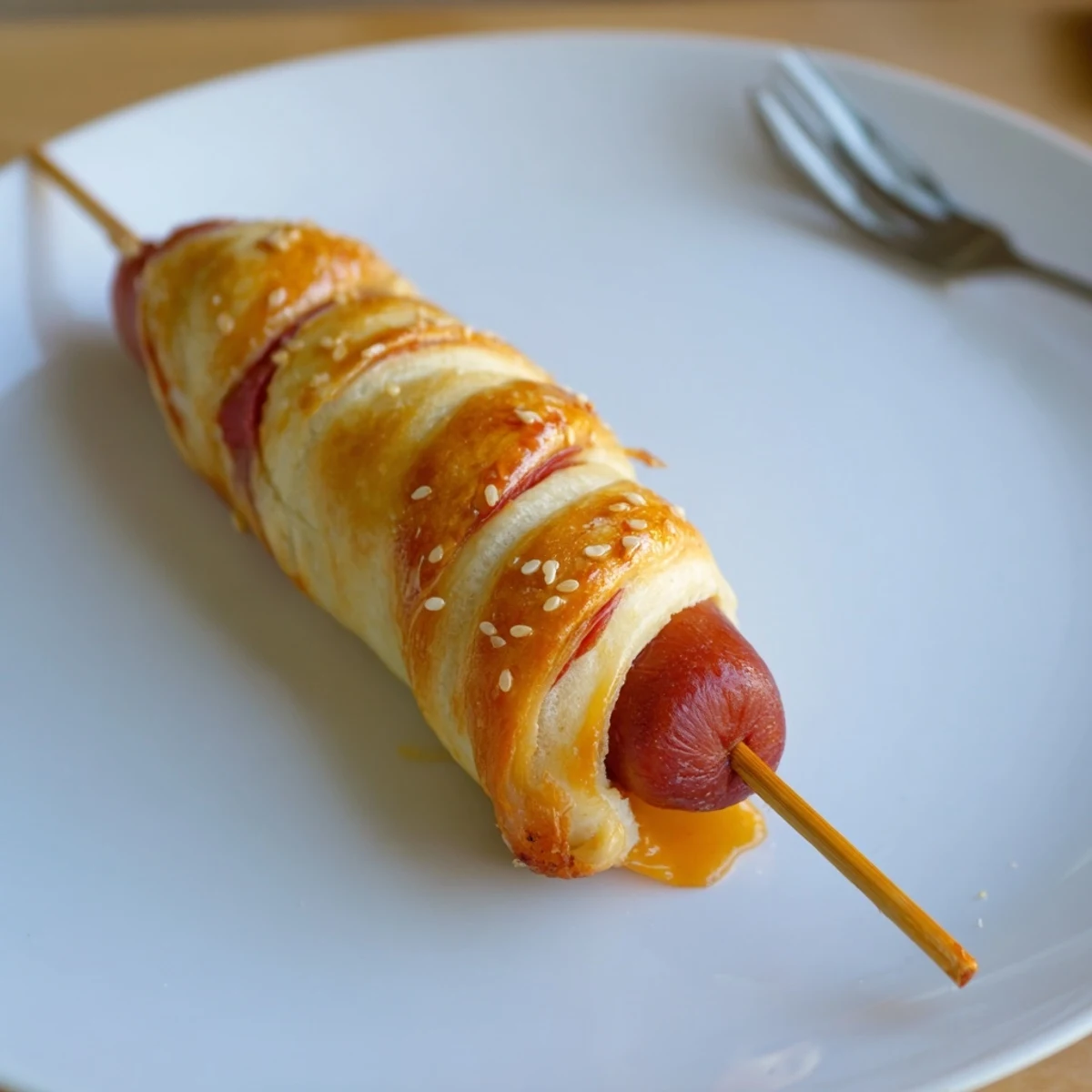 Golden, butter-brushed Firecracker Hot Dogs on parchment, sesame-speckled and steaming