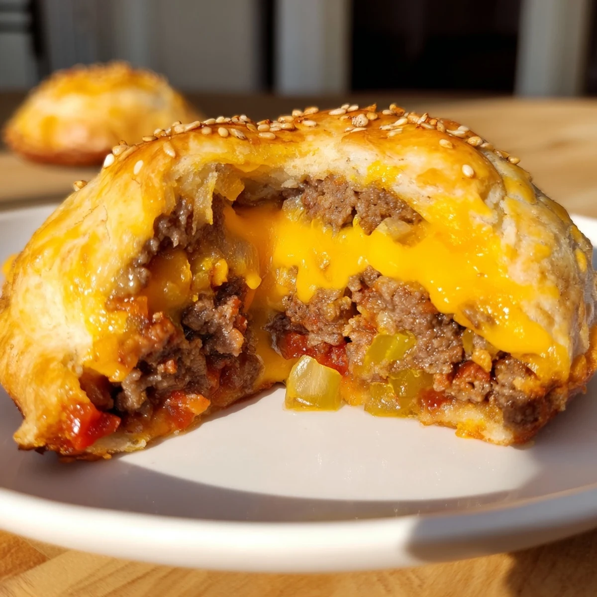 Cheesy Cheeseburger Bombs Explosion Recipe: golden biscuit pockets oozing melted cheddar, sesame seeds