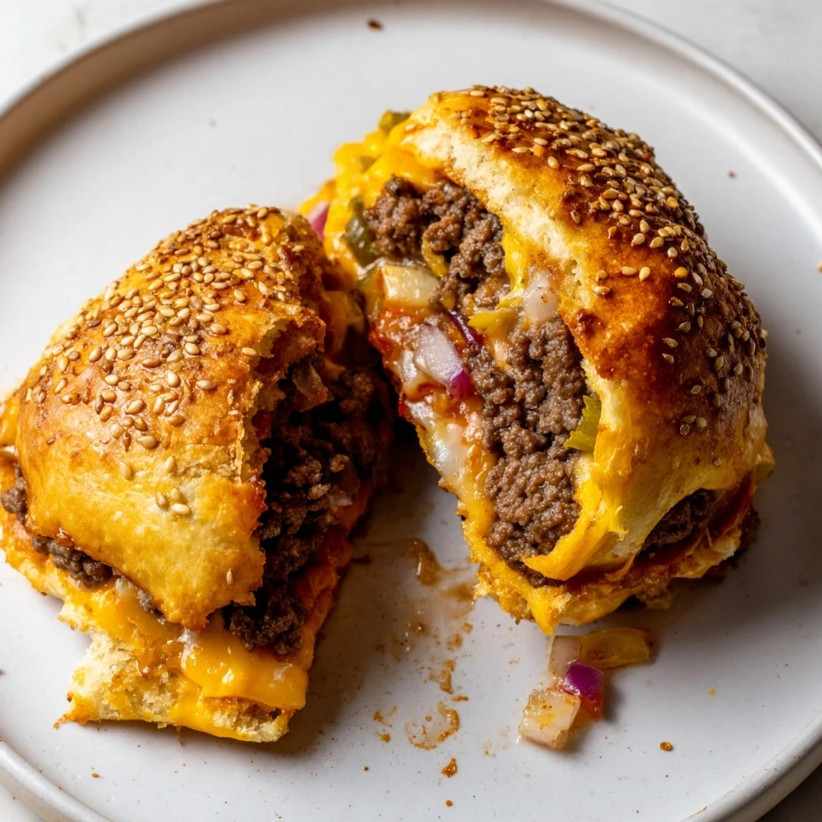 Homestyle Cheesy Cheeseburger Bombs Explosion Recipe split open, juicy beef and gooey cheese