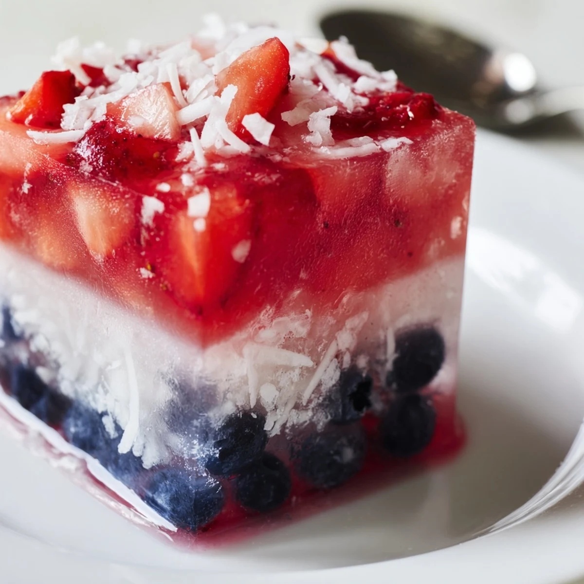 Red White And Blue Ice Cubes Recipe frozen with strawberry, blueberry, and coconut layers