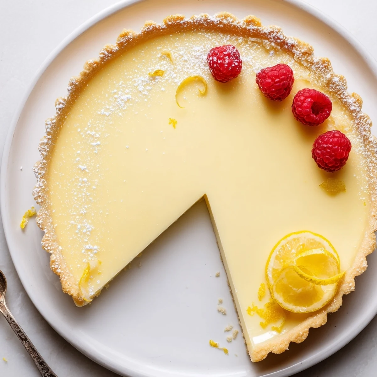 Slice of Creamy Lemon Tart Recipe served with fresh berries, chilled on plate