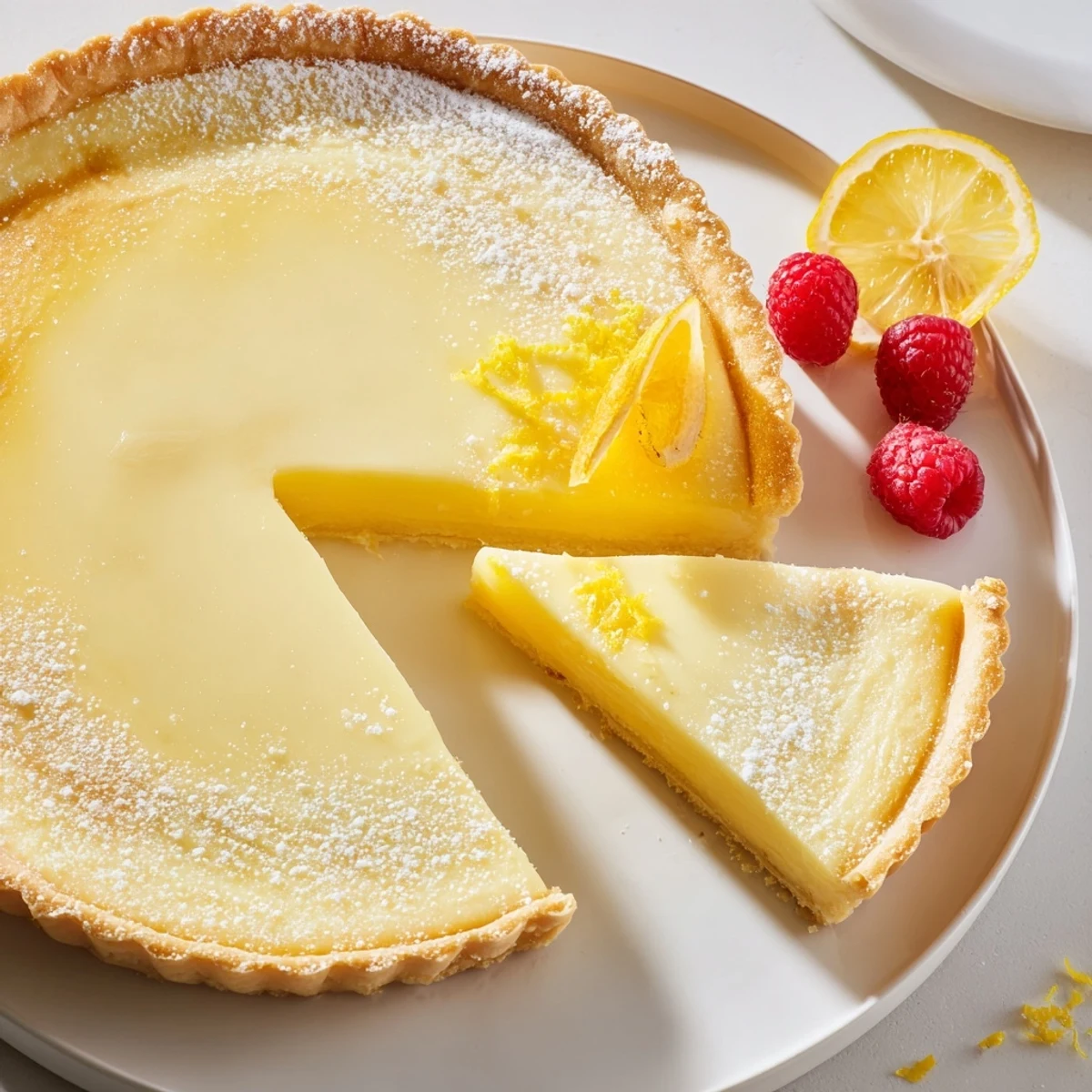 Creamy Lemon Tart Recipe with silky filling and crisp buttery crust, dusted powdered sugar