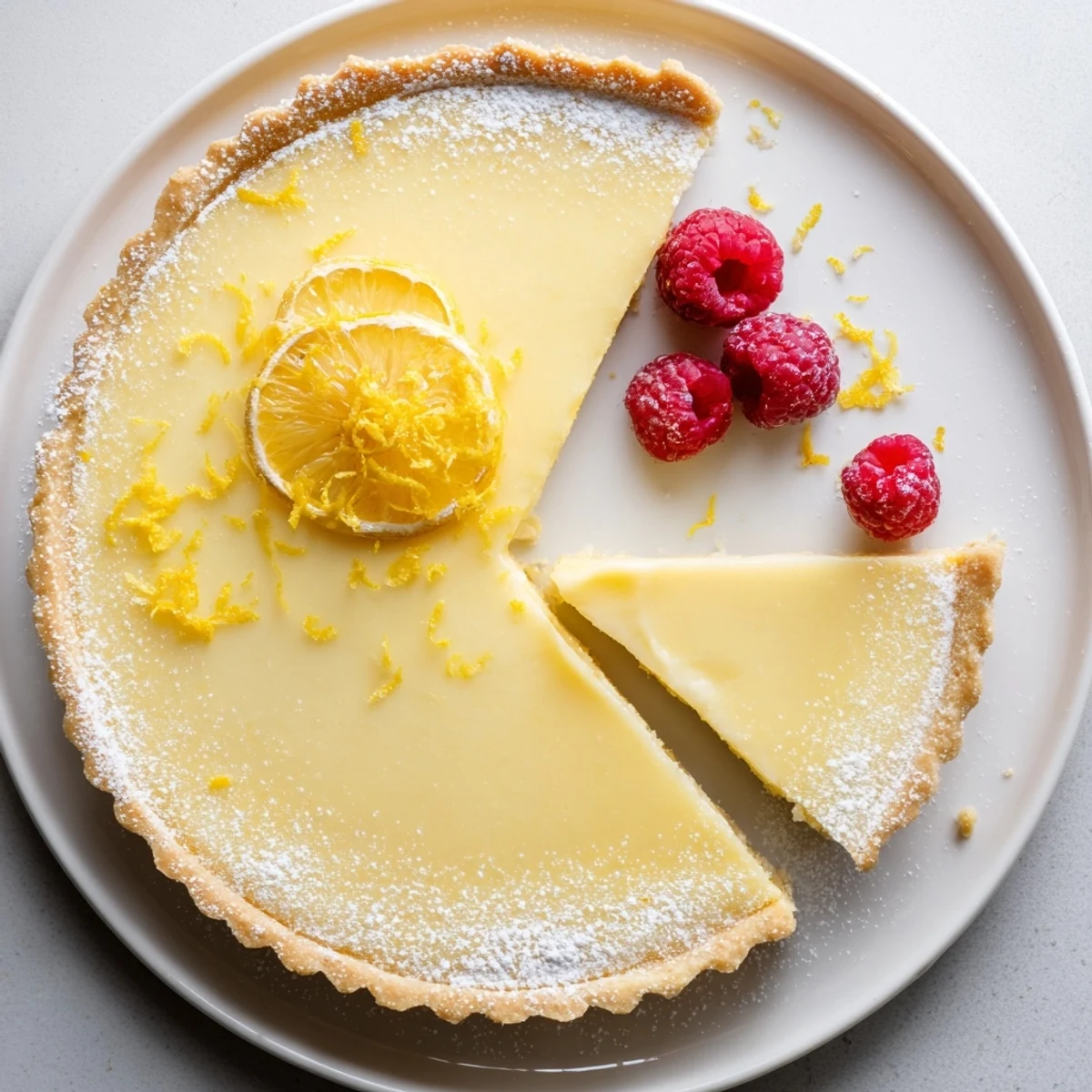 Baker cutting Creamy Lemon Tart Recipe, bright lemon zest aroma and slight jiggle