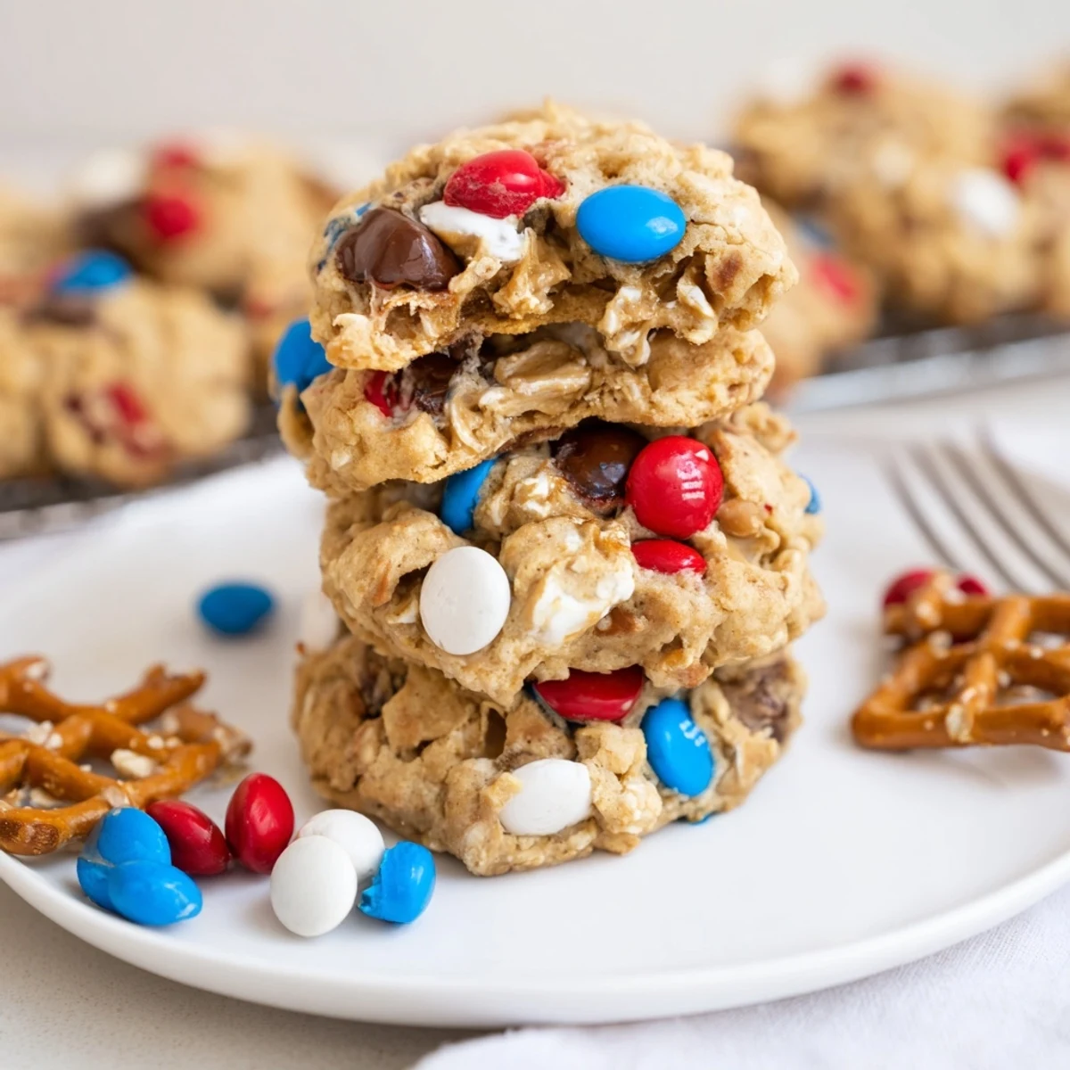 Patriotic Monster Cookies Recipe: chewy peanut butter cookies studded with red, white candies.