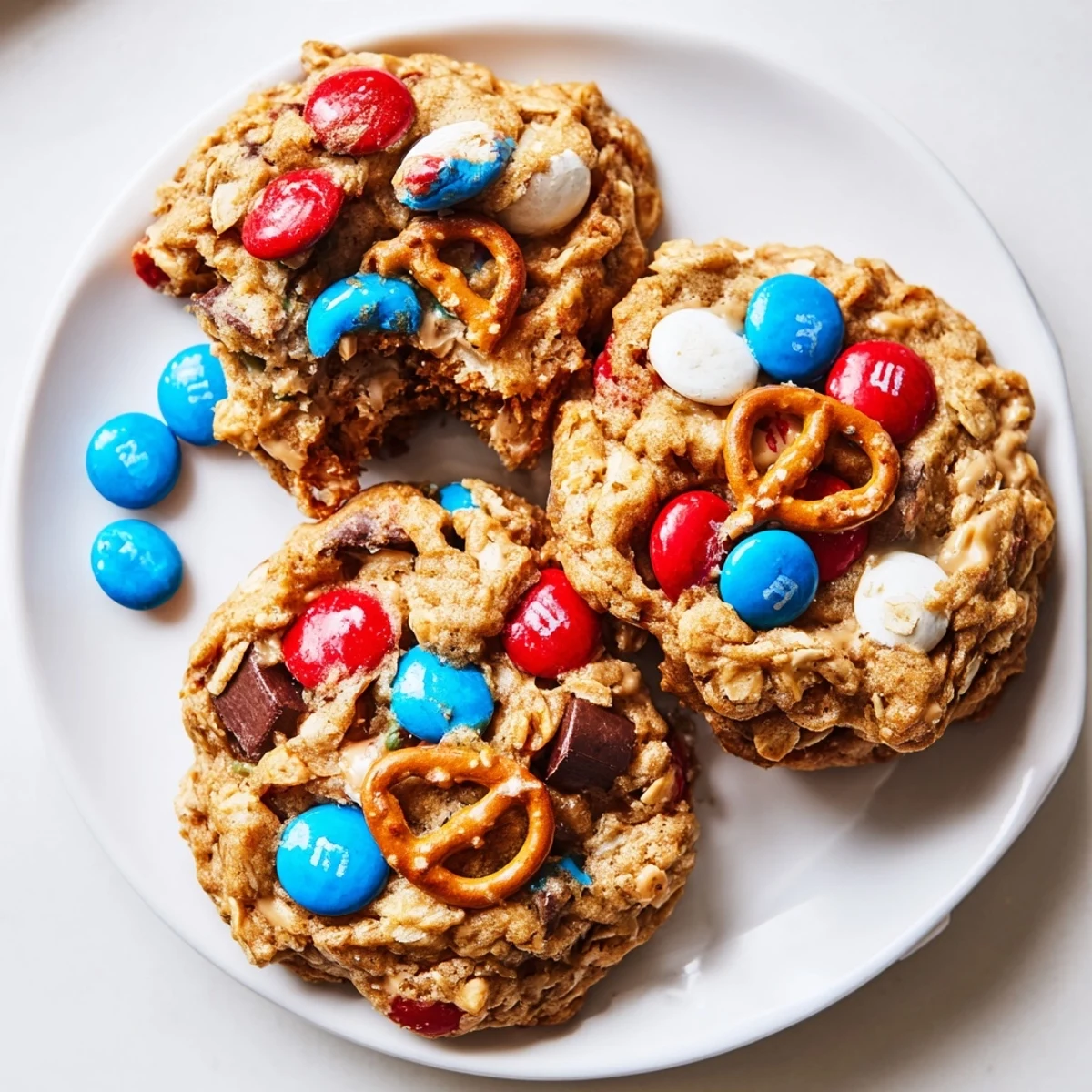 Homestyle Patriotic Monster Cookies Recipe cooling on rack, warm centers, crunchy edges.