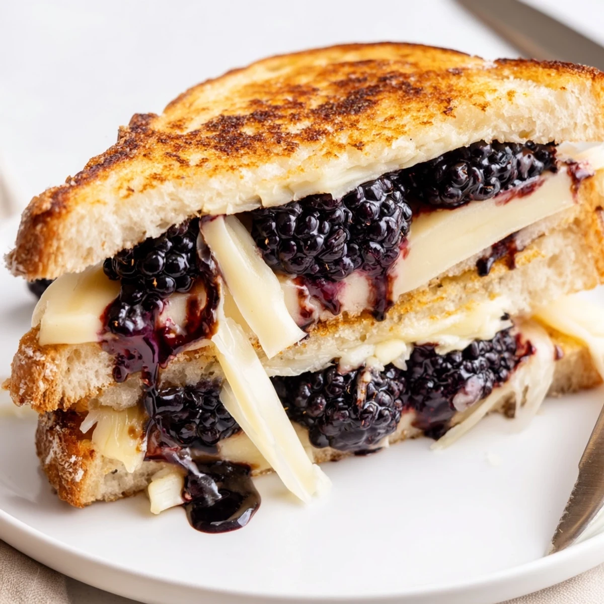 Warm Balsamic Blackberry Bliss Grilled Cheese drizzled with glossy balsamic glaze, sliced.