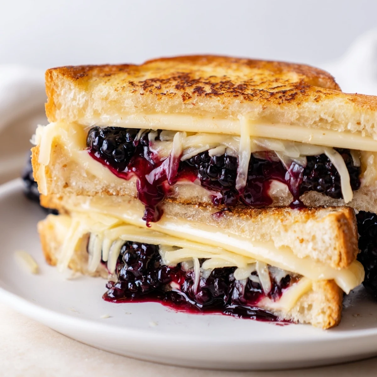 Crispy sourdough Balsamic Blackberry Bliss Grilled Cheese oozing melted cheddar and brie.