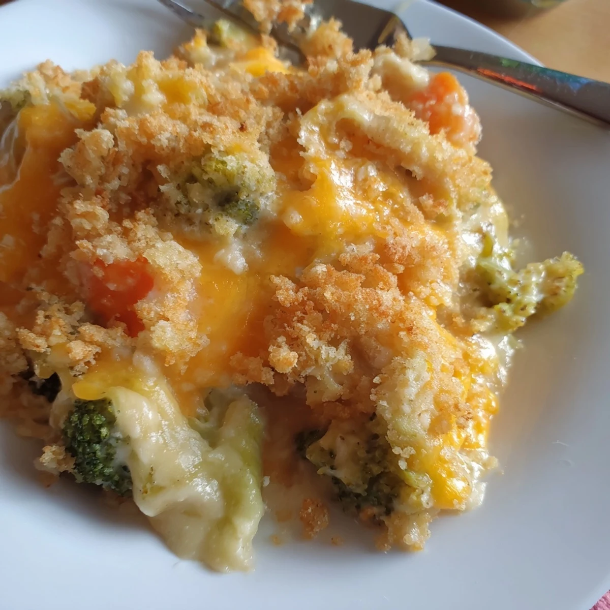 Cheese Bake Broccoli Carrots bubbling golden, creamy sauce, crisp breadcrumb topping
