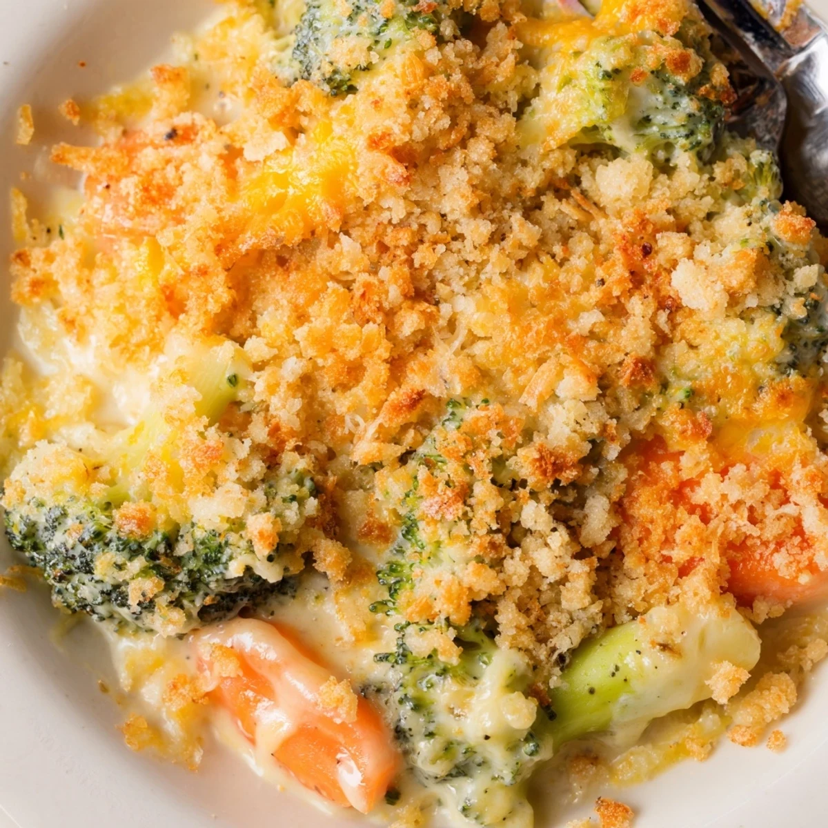 Warm Cheese Bake Broccoli Carrots served steaming alongside roasted chicken, comforting