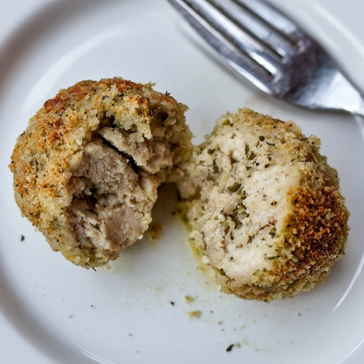 Sage Onion Chicken Balls nestled on plate beside cranberry sauce, steaming and warm