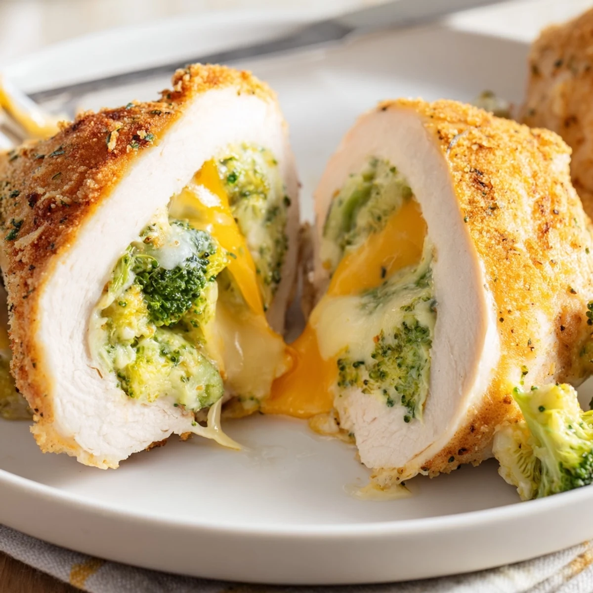 Broccoli Cheese Stuffed Chicken Breast, bubbling cheddar and tender green filling visible