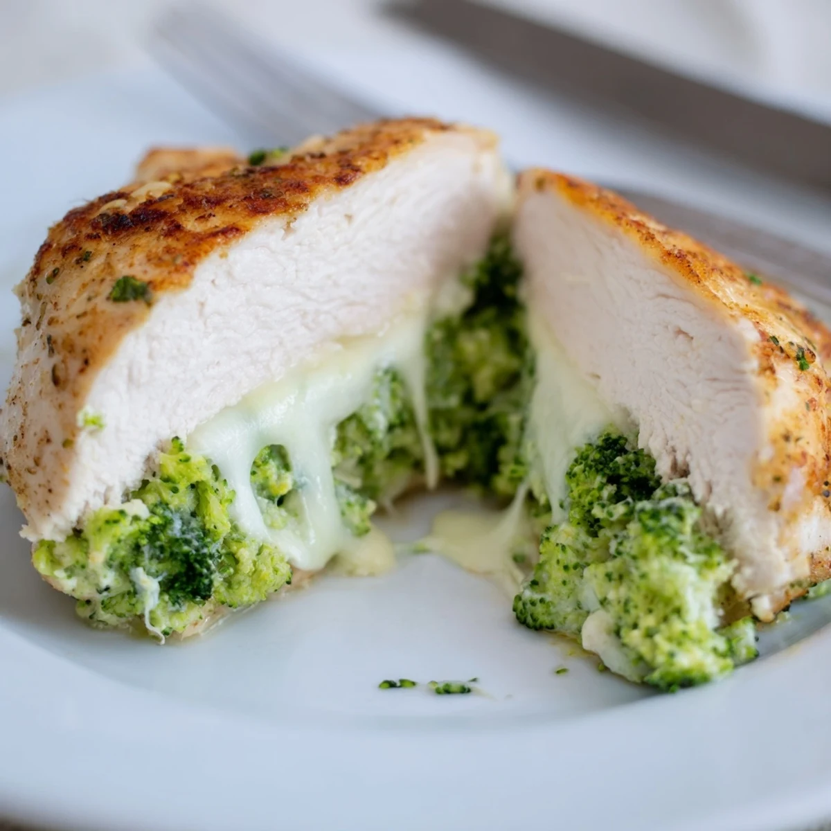 Sliced Broccoli Cheese Stuffed Chicken Breast served with crisp salad and lemon