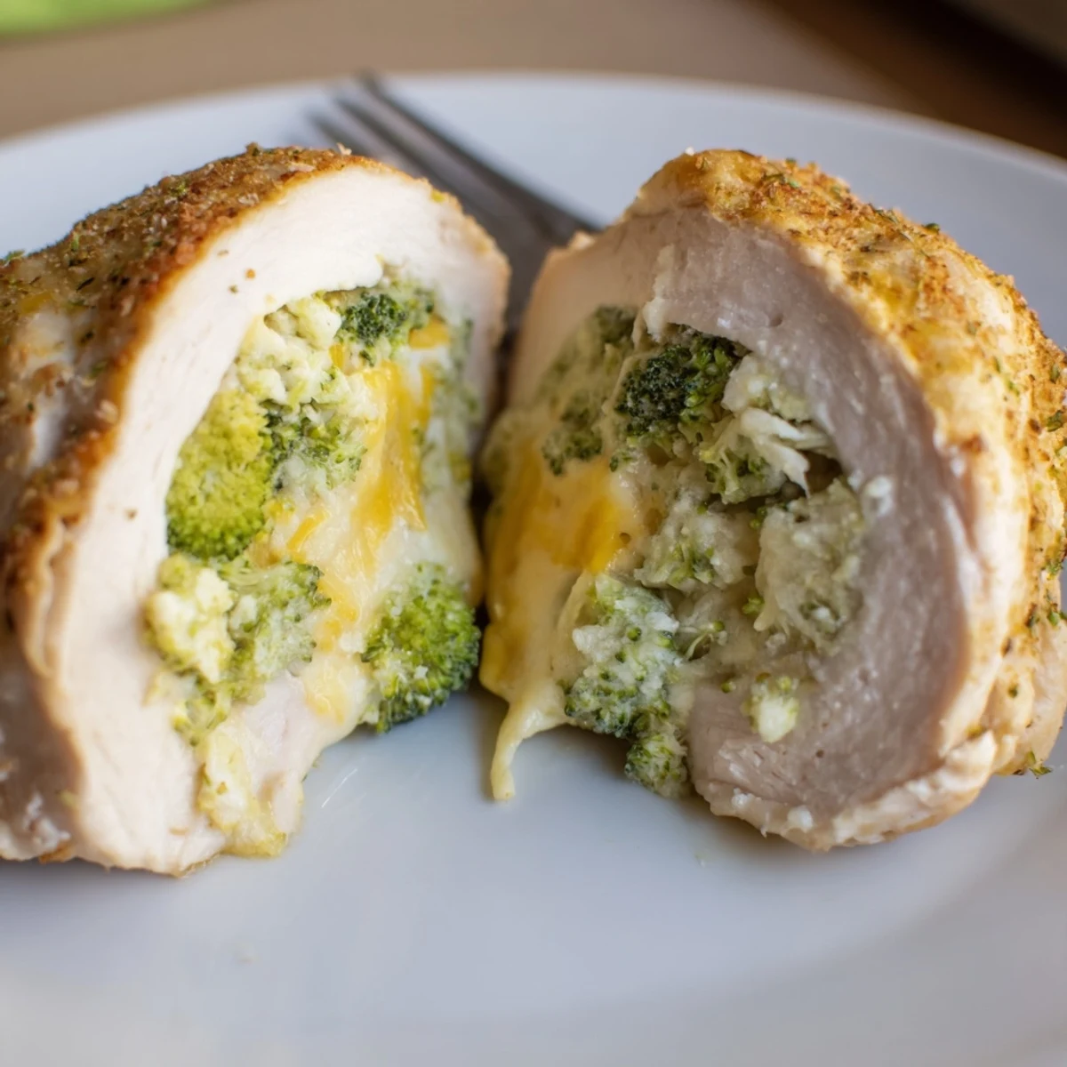 Oven-baked Broccoli Cheese Stuffed Chicken Breast resting on parchment, cheese oozing