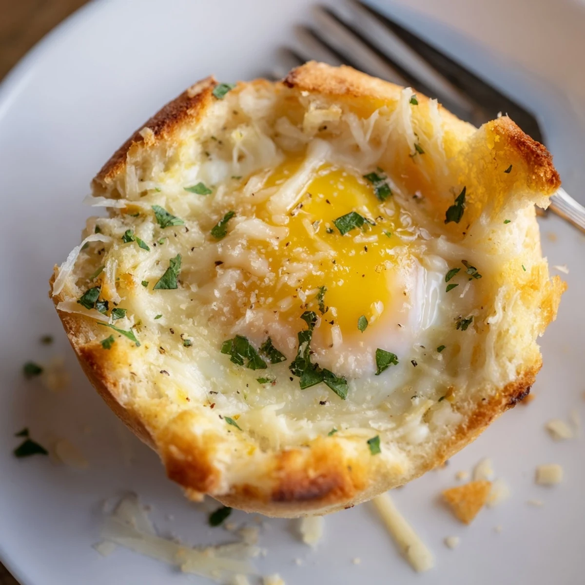Lazy Garlic Bread Egg Cups with golden edges, runny yolks, parsley garnish