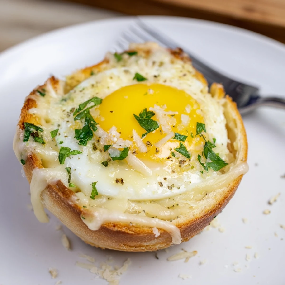 Baked Lazy Garlic Bread Egg Cups served warm with fresh fruit