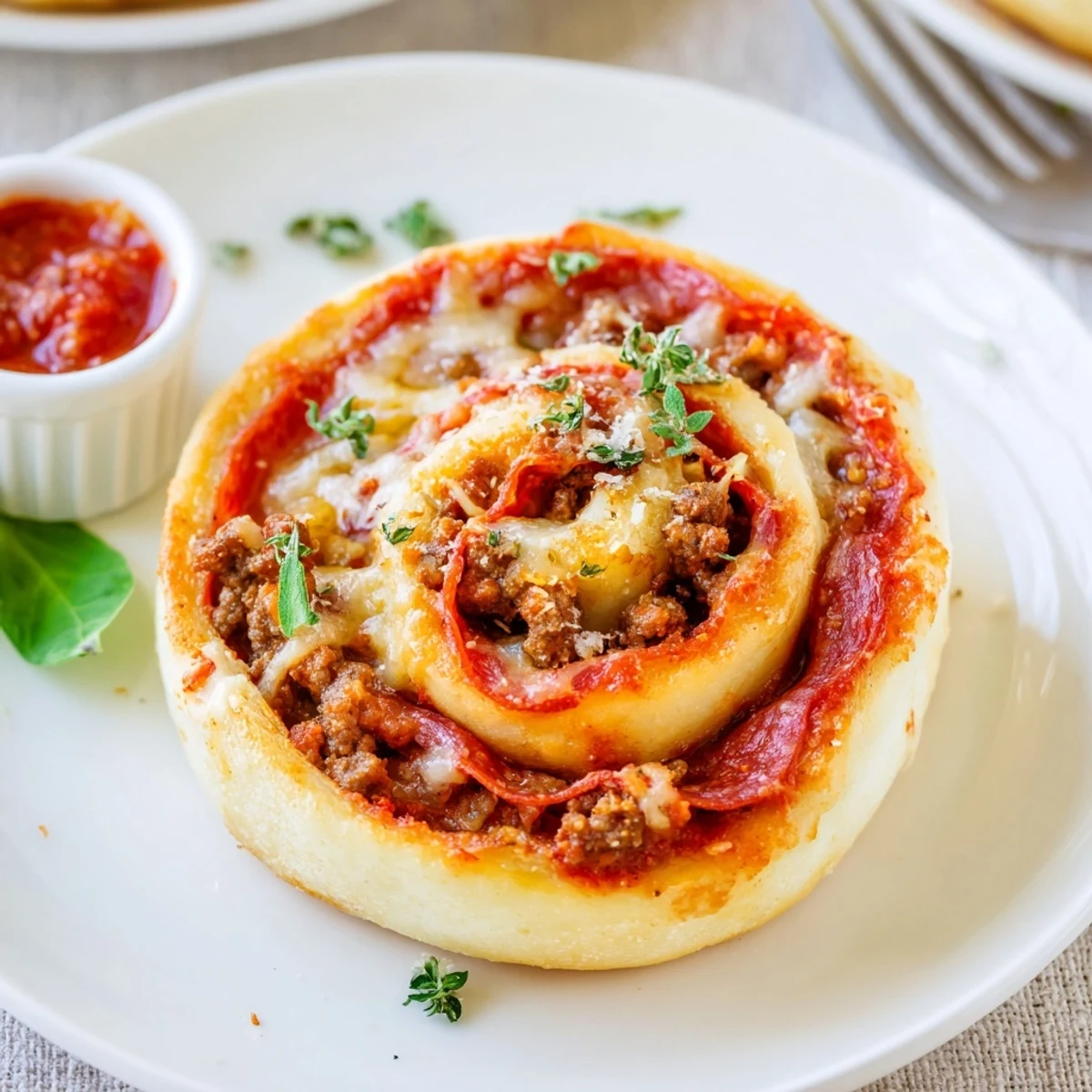 Hot Cheesy Beef Pepperoni Pizza Roll Ups with oozing cheese, served with marinara