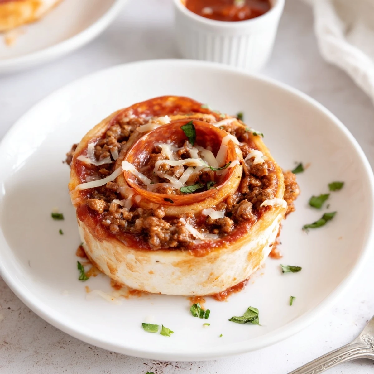 Baked Cheesy Beef Pepperoni Pizza Roll Ups on a sheet, garnished with basil