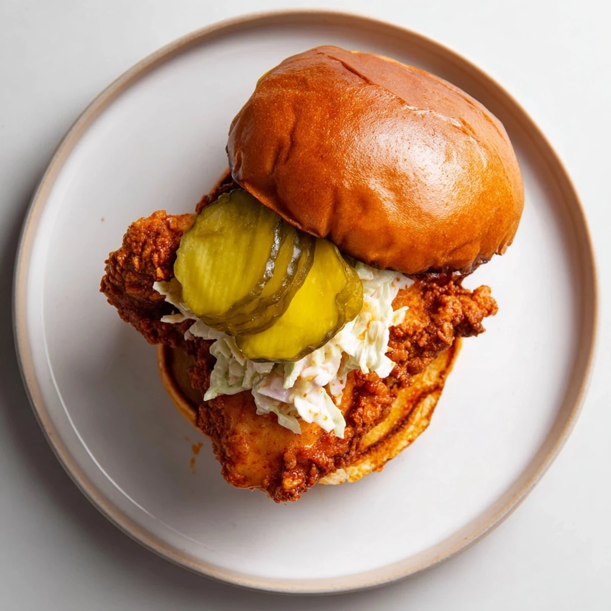 Buttered brioche holding Spicy Nashville Hot Chicken Sandwiches, juicy thighs and creamy slaw