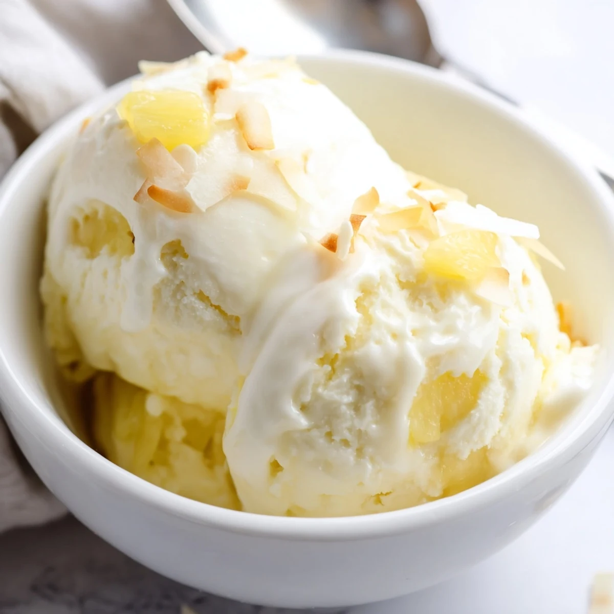 Homemade Creamy Pineapple Ice Cream churned smooth, garnished with toasted coconut.  