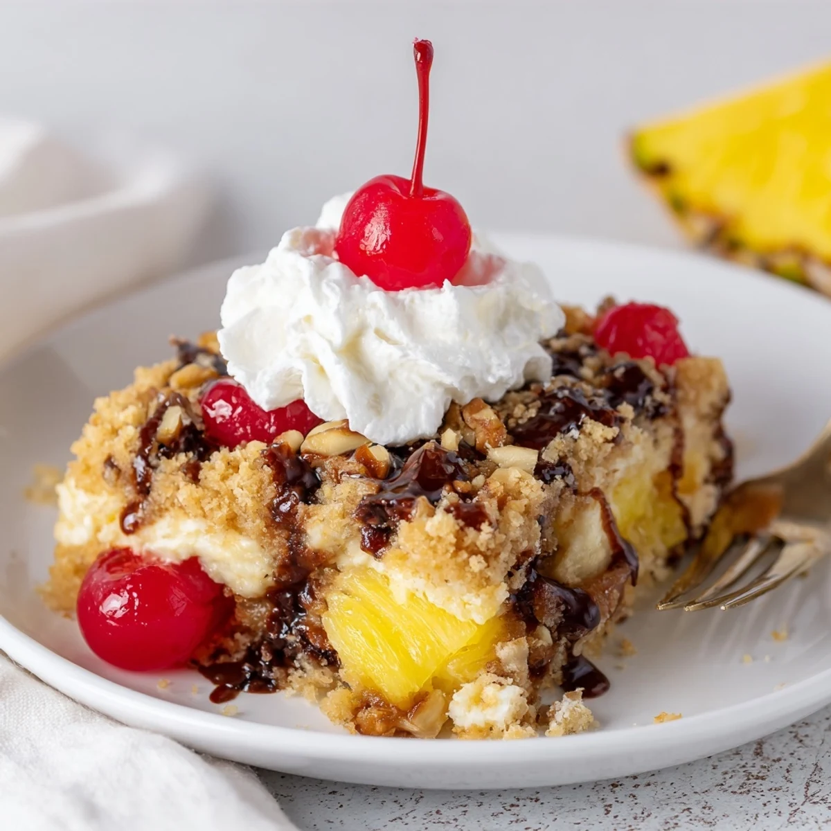 Banana Split Dump Cake bubbling golden with bananas, cherries, and melted butter