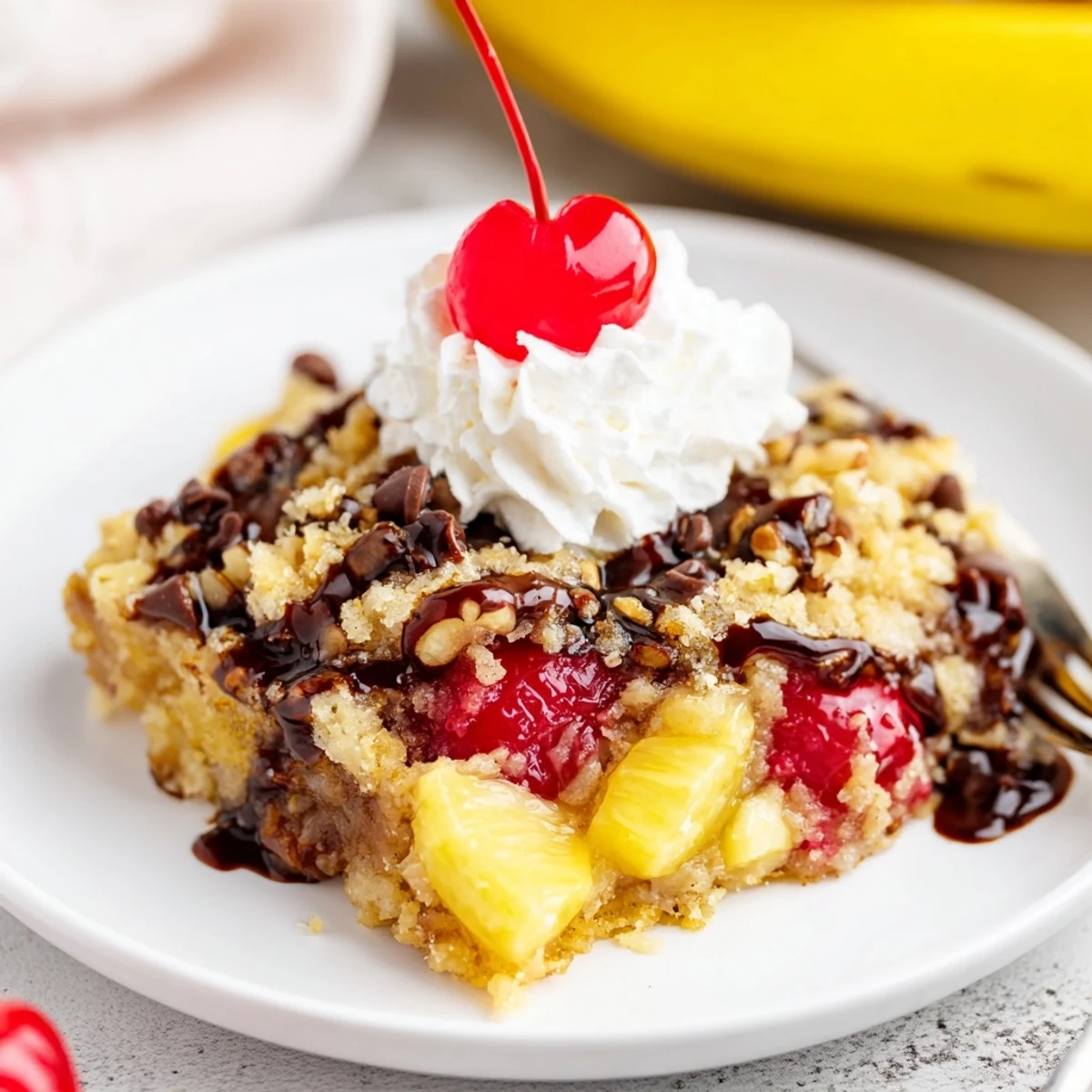 Warm Banana Split Dump Cake topped with whipped cream and chocolate drizzle
