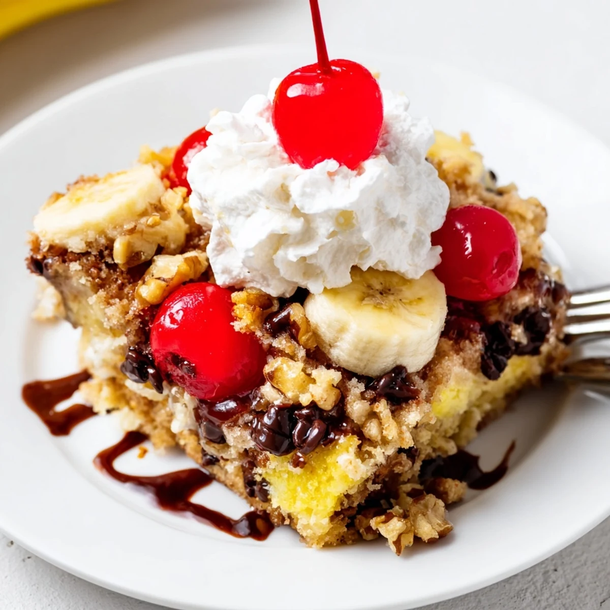 Slice of Banana Split Dump Cake served with vanilla ice cream, nut crunch