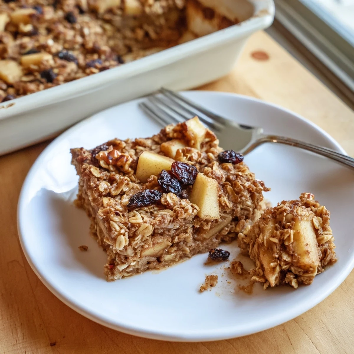 Warm apple cinnamon oatmeal bake fresh from oven, steaming with maple aroma