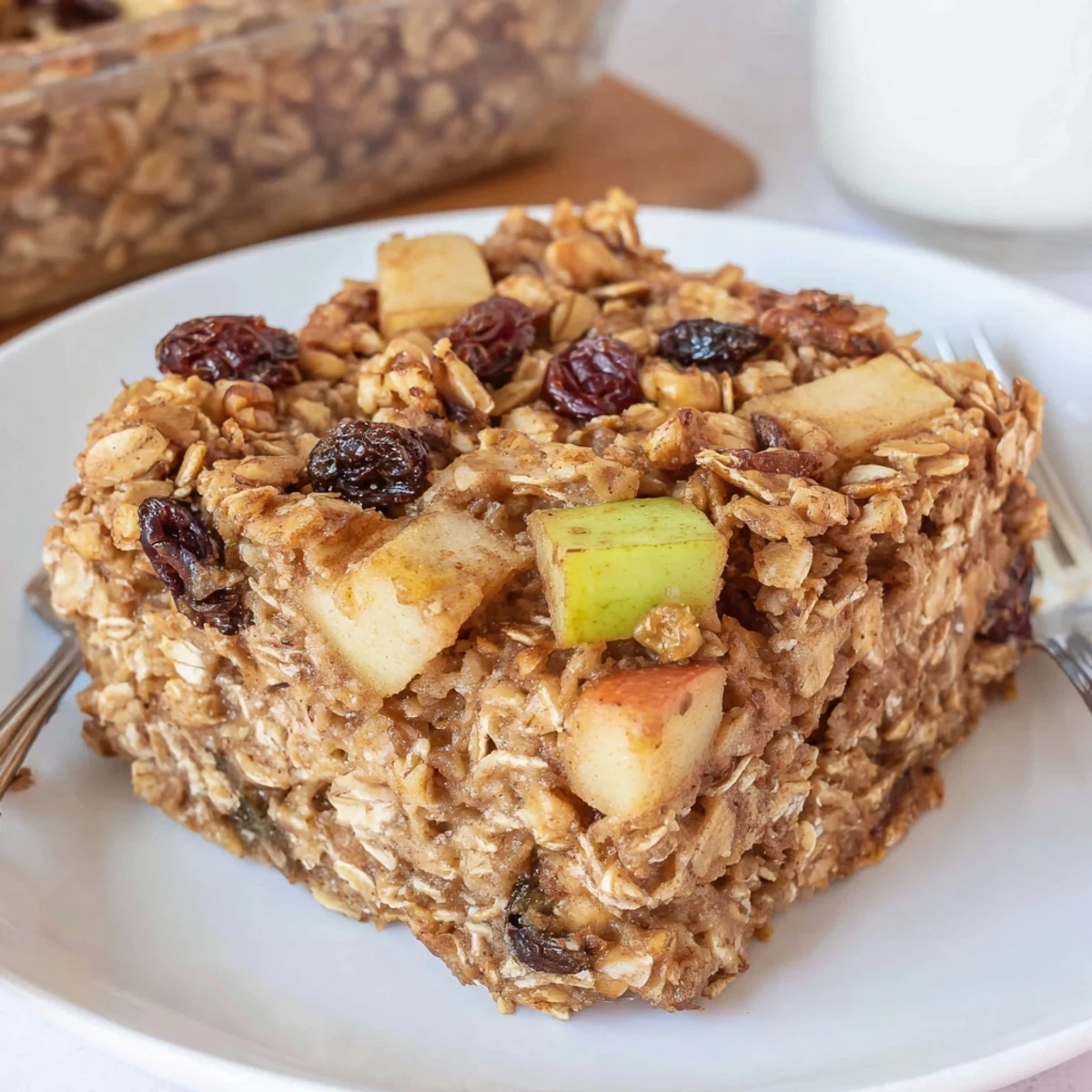Slice of apple cinnamon oatmeal bake topped with yogurt and crunchy pecans