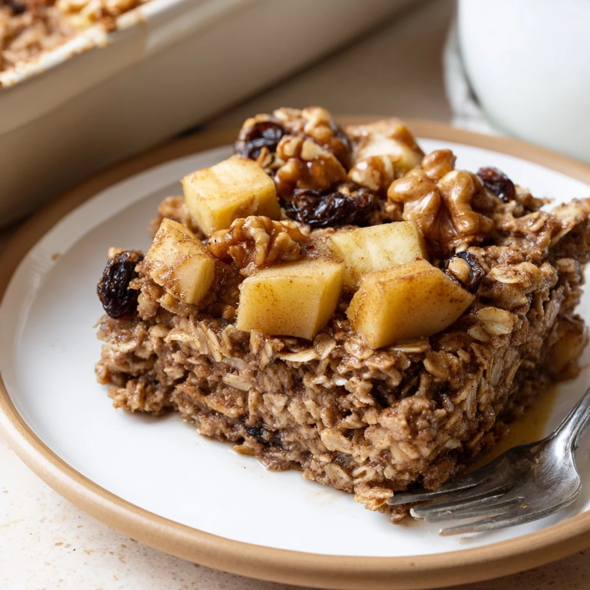 Golden-brown apple cinnamon oatmeal bake in a 9x9 dish, ready to serve