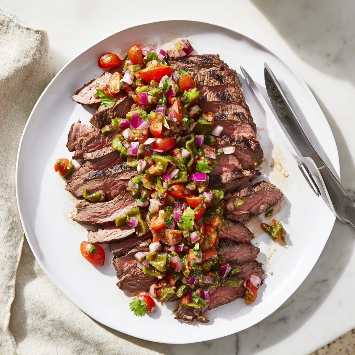 Sliced grilled flank steak arranged on a white platter topped with vibrant green poblano pico de gallo