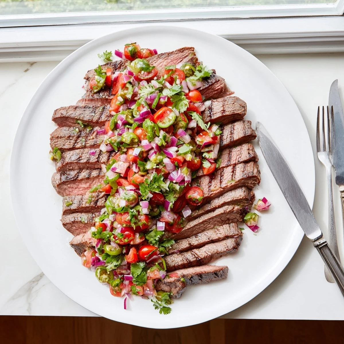 Golden brown grilled flank steak slices generously garnished with colorful diced poblano pepper pico de gallo