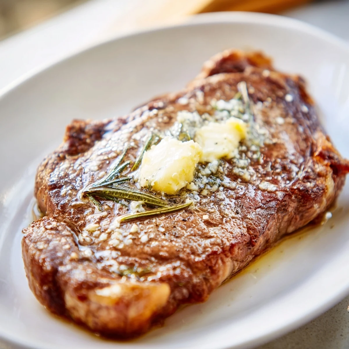 Sizzling how to grill steak recipe resting on cutting board with melted butter topping